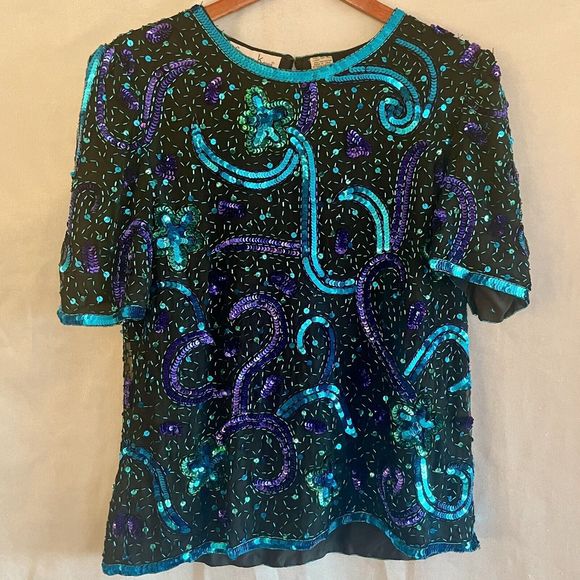 Laurence Kazar Tops - Lawrence Kazar VTG Womens Silk Beaded Sequin Blouse Size Large Black Blue Purple